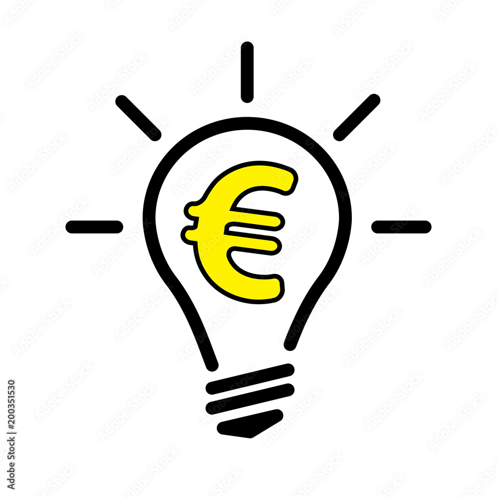 Electric Light Bulb Lamp with Euro currency symbol. Concept of bright idea. Linear vector illustration with editable line Electric Light Bulb Lamp with Euro currency symbol. Concept of bright idea. Linear vector illustration with editable line