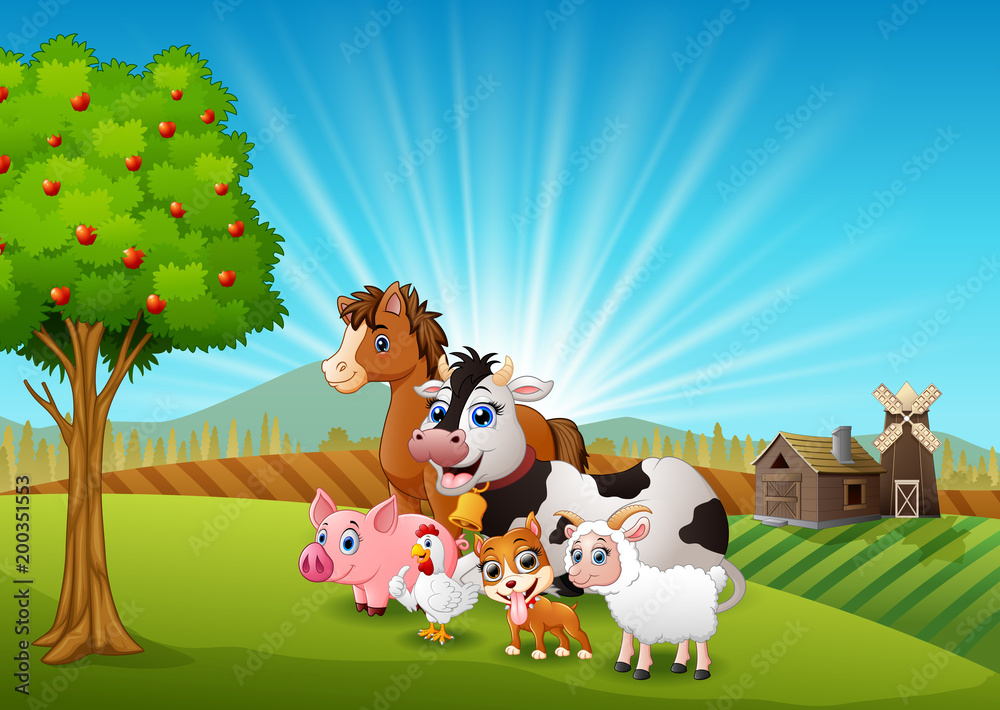 Happy animals on farm background Happy animals on farm background