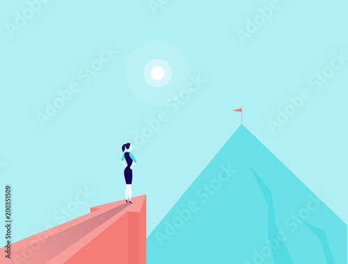 Vector business concept illustration with business lady standing on big arrow pointing on mountain peak. Office woman watching at new top. New aim, goal, purpose, achievement, aspiration - metaphor.