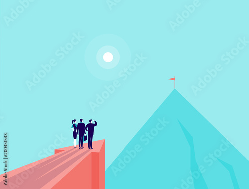 Vector business concept illustration with business people standing on big arrow pointing on mountain peak. Office people watching at new top. New aim, team work, achievements, partnership - metaphor. © artflare