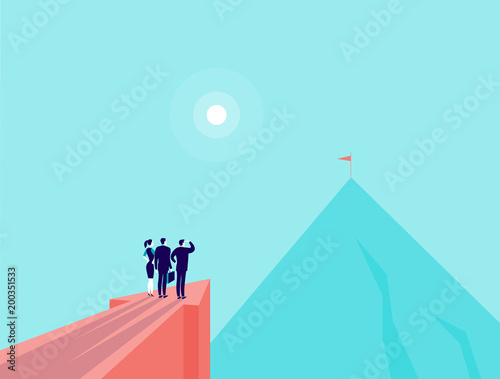 Vector business concept illustration with business people standing on big arrow pointing on mountain peak. Office people watching at new top. New aim, team work, achievements, partnership - metaphor.