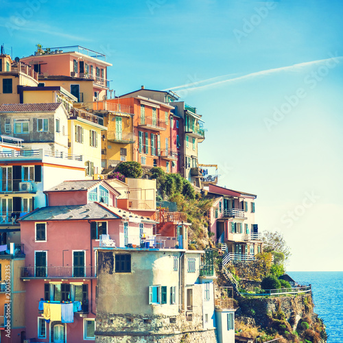 Manarola Italy, a city along the Cinque Terre on the Mediterranean Sea