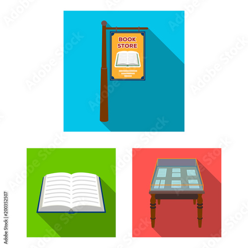 Library and bookstore flat icons in set collection for design. Books and furnishings vector symbol stock web illustration.