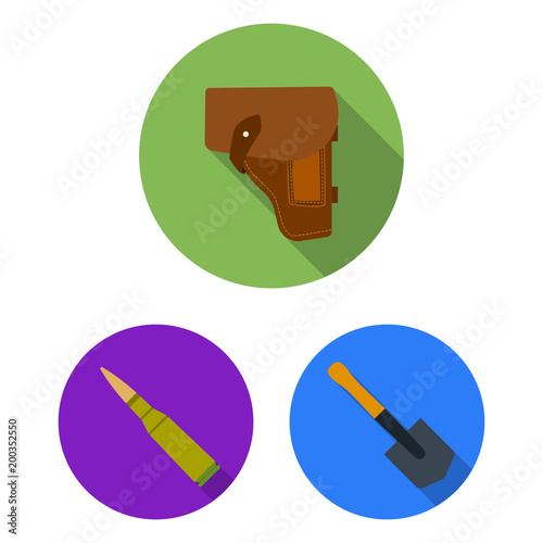 Army and armament flat icons in set collection for design. Weapons and equipment vector symbol stock web illustration.
