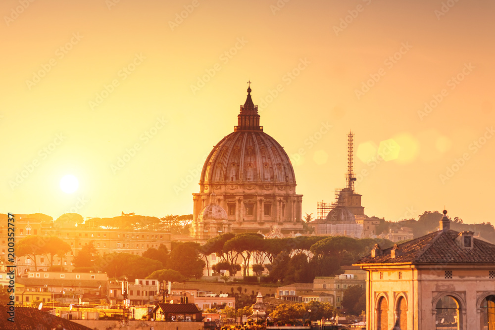 Top view of the city of Rome at sunset, Italy. Toned