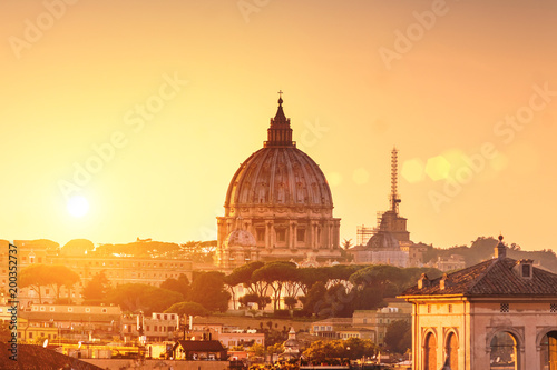 Top view of the city of Rome at sunset, Italy. Toned