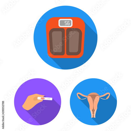 Woman and pregnancy flat icons in set collection for design. Gynecology and equipment vector symbol stock web illustration.