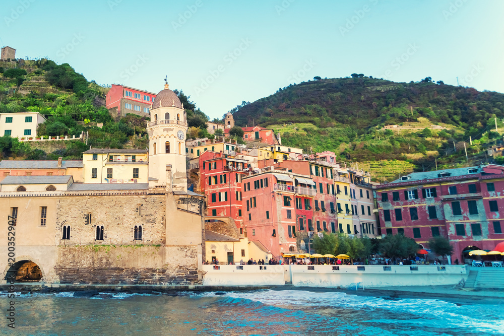 Vernazza village center with church and houses, Cinque Terre national park, Liguria, Italy