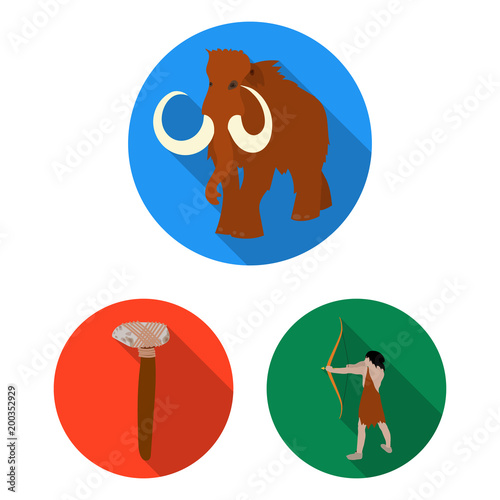 Life in the Stone Age flat icons in set collection for design. Ancient people vector symbol stock web illustration.