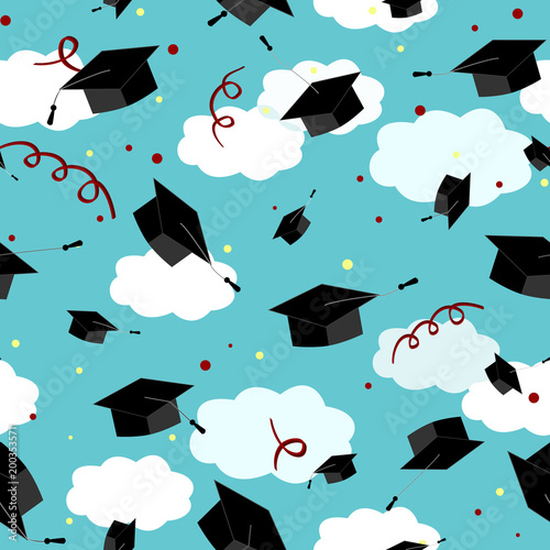 Graduates hats in the air. Graduation Caps in the sky. Vector seamless pattern.