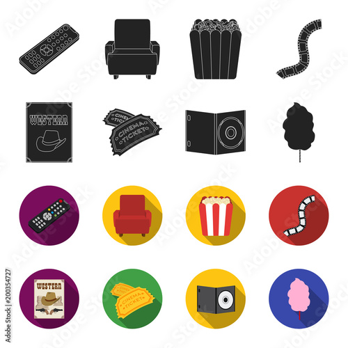 Western cinema, tickets, sweet cotton wool, film on DVD.Filmy and cinema set collection icons in black,flet style vector symbol stock illustration web.