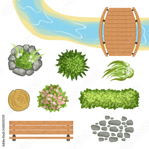 Flat vector set of landscape elements. Wooden bridge and bench, stump, river, green bushes and flowers, stone path. Top view