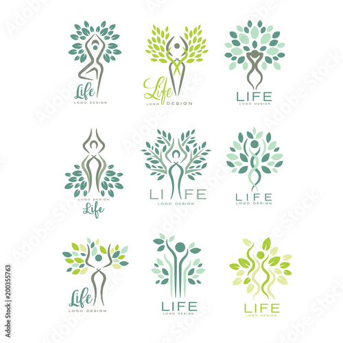 Healthy life logo for wellness center, spa salon or yoga studio. Harmony with nature. Set of flat vector emblems with abstract human silhouettes and leaves