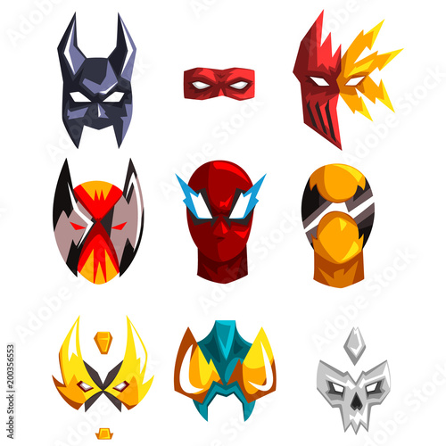 Flat vector set of superheroes masks. Clothing attribute for costumed party. Faces of heroes. Design for photo props or mobile app