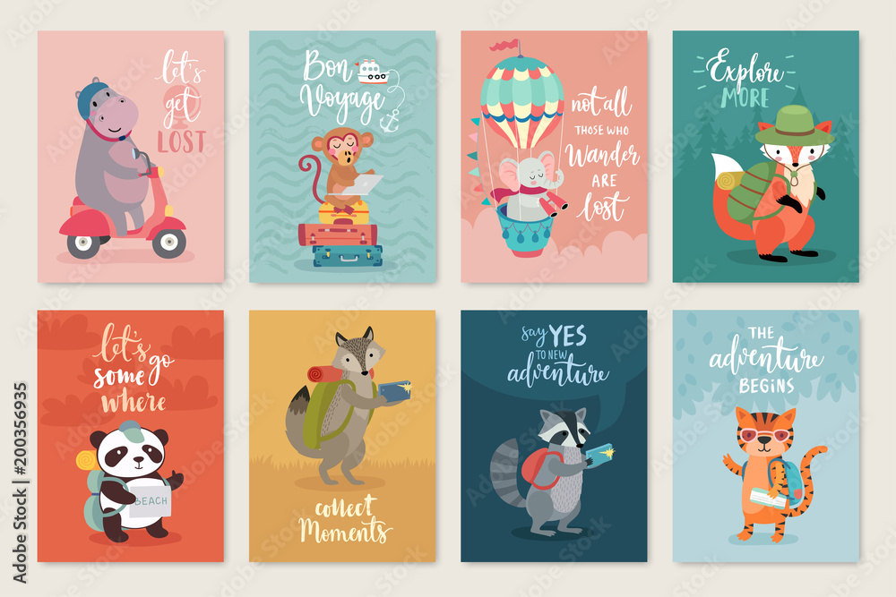 Travel Animals card set, hand drawn style,