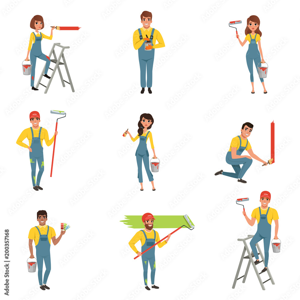 Flat vector set of painters with equipment brush, roller, bucket with paint, step folding ladder. Men and women in blue working overalls. Cartoon people at work Flat vector set of painters with equipment brush, roller, bucket with paint, step folding ladder. Men and women in blue working overalls. Cartoon people at work