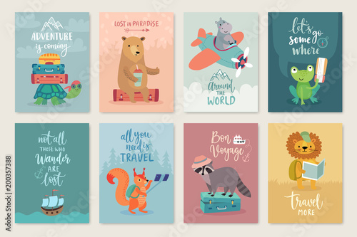 Travel Animals card set, hand drawn style,.