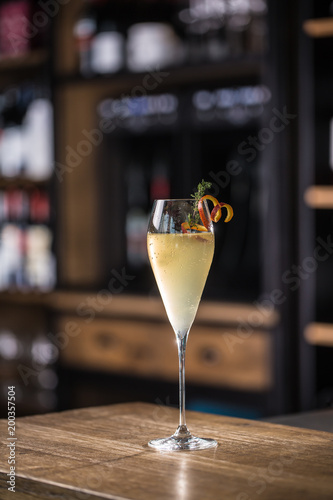 Alcoholic cocktail drink on bar counter in pub or restaurant