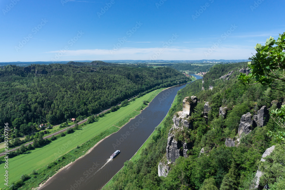 View from above on the river Elbe, Elbe Sandstone Mountains, Germany, Europe