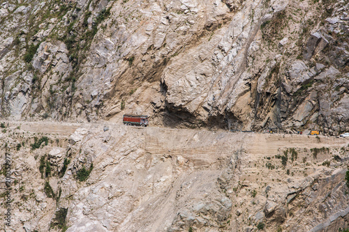 Traffic on the Zojila Pass between Srinagar and Kargil in Jammu and Kashmir, India photo