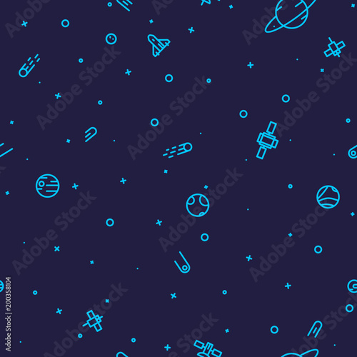 Space seamless background. Stars, planets and spaceships with satellites. Cosmos sky with rockets. Astronomy and science background. Line style vector seamless vector background. photo