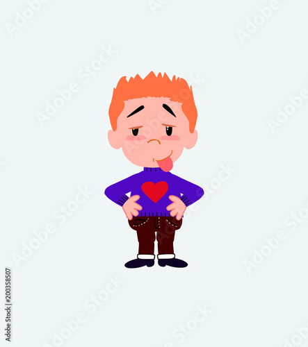 White boy with a heart pullover in waiting attitude with funny expression.