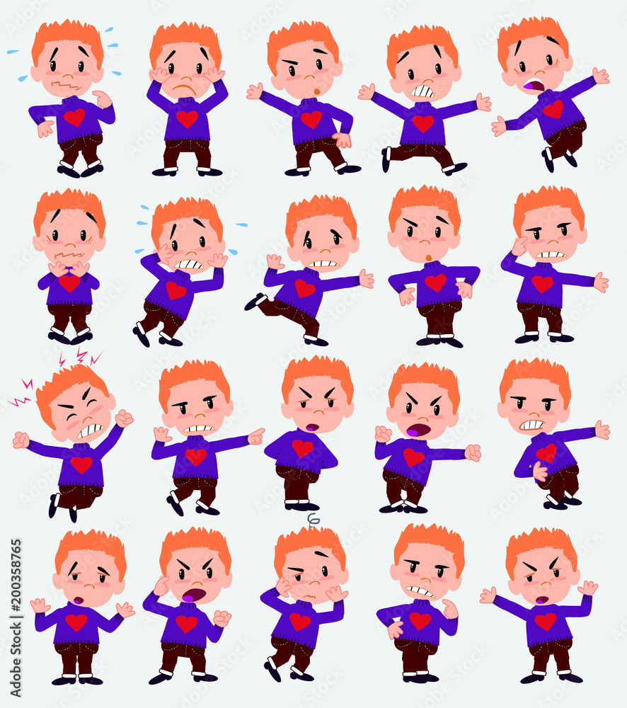 Cartoon character with a heart pullover. Set with different postures, attitudes and poses, always in negative attitude, doing different activities in vector vector illustrations.