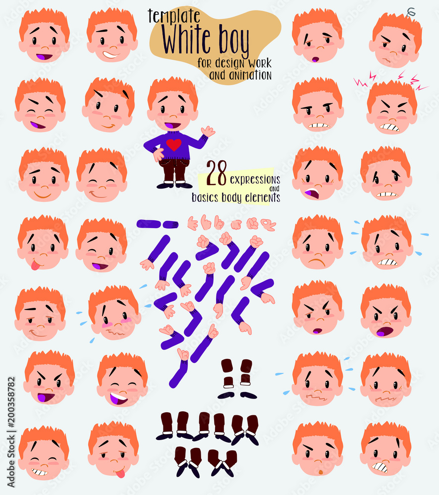 White boy with a heart pullover. Twenty eight expressions and basics body elements, template for design work and animation. Vector illustration to Isolated and funny cartoon character. White boy with a heart pullover. Twenty eight expressions and basics body elements, template for design work and animation. Vector illustration to Isolated and funny cartoon character.