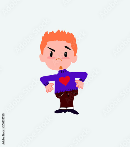 White boy with a heart pullover with an expression of unpleasant surprise.