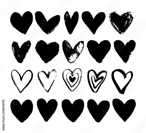 Hand drawn paint grunge brush hearts. Hand sketched design ink elements isolated on white background. Doodle vector decorative illustration.