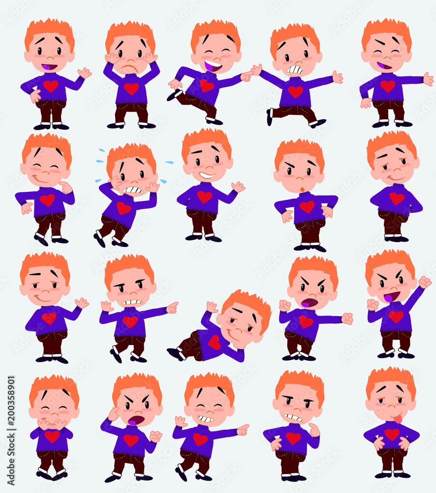 Cartoon character white boy with a heart pullover. Set with different postures, attitudes and poses, doing different activities in isolated vector illustrations. Cartoon character white boy with a heart pullover. Set with different postures, attitudes and poses, doing different activities in isolated vector illustrations.