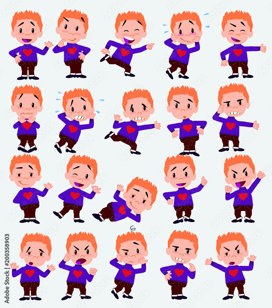 Cartoon character white boy with a heart pullover. Set with different postures, attitudes and poses, doing different activities in isolated vector illustrations.