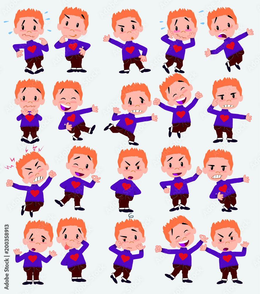 Cartoon character white boy with a heart pullover. Set with different postures, attitudes and poses, doing different activities in isolated vector illustrations.
