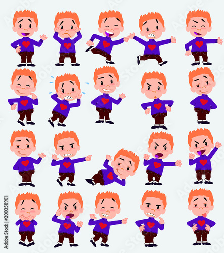 Cartoon character white boy with a heart pullover. Set with different postures  attitudes and poses  doing different activities in isolated vector illustrations.