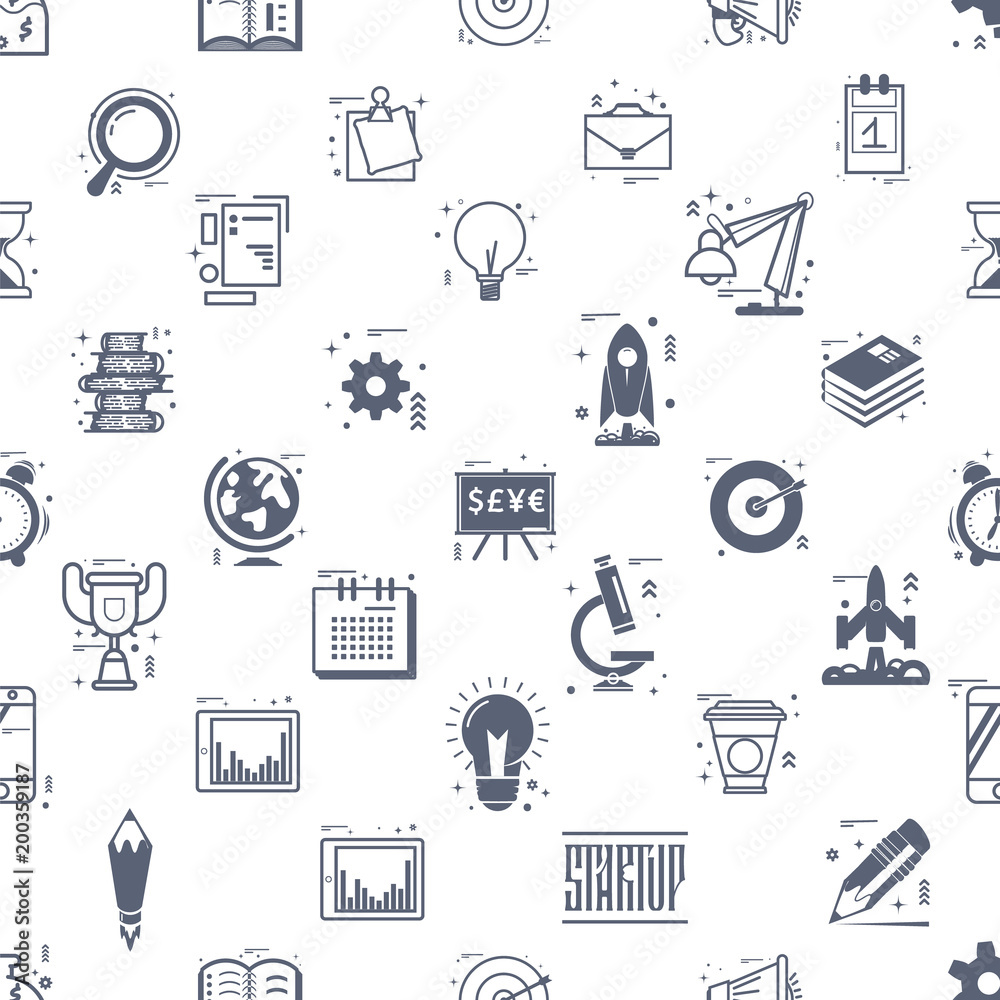 Naklejka premium Start up seamless pattern. Business icons linear flat style