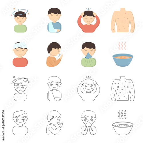 A man with a bandaged head, a man coughing, a man snorts a snot, a bowl, a bowl of hot broth into a handkerchief. Sick set collection icons in cartoon,outline style vector symbol stock illustration