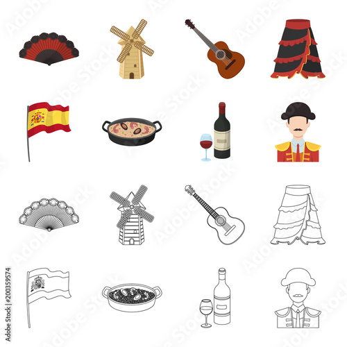 Flag with the coat of arms of Spain, a national dish with rice and tomatoes, a bottle of wine with a glass, a bullfighter, a matador. Spain country set collection icons in cartoon,outline style vector