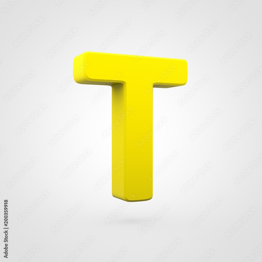 Plastic yellow letter T uppercase isolated on white background.