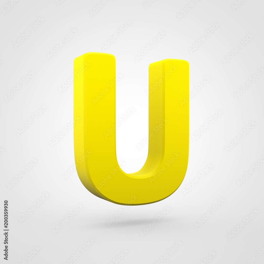 Plastic yellow letter U uppercase isolated on white background.