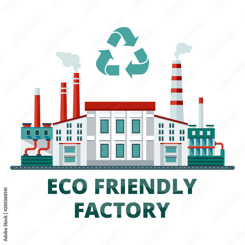 Naklejka premium Environmentally friendly business. Factory and industrial production with care for the environment. Flat vector cartoon illustration. Objects isolated on white background.