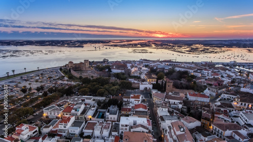 Aerial. Delightful sunrise above the old town of Faro Portugal.