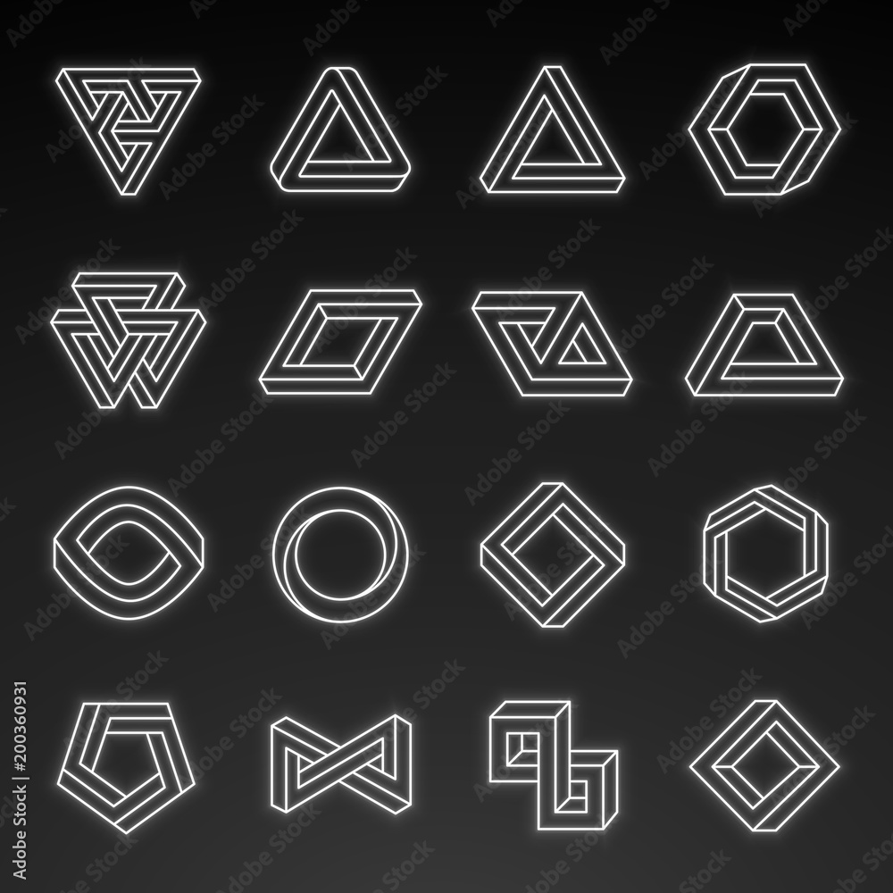 Set of impossible shapes. Shapes with glow effect. Optical Illusion. Vector Illustration isolated on white Set of impossible shapes. Shapes with glow effect. Optical Illusion. Vector Illustration isolated on white