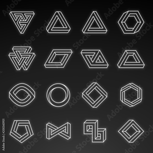 Set of impossible shapes. Shapes with glow effect. Optical Illusion. Vector Illustration isolated on white
