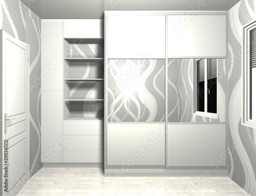 3D rendering design, inner filling white wardrobe with sliding doors