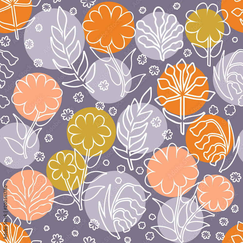 Vector floral pattern in doodle style with flowers and leaves. Gentle, spring floral background.Vector set of packaging design templates, seamless patterns and frames with copy space. modern pattern.