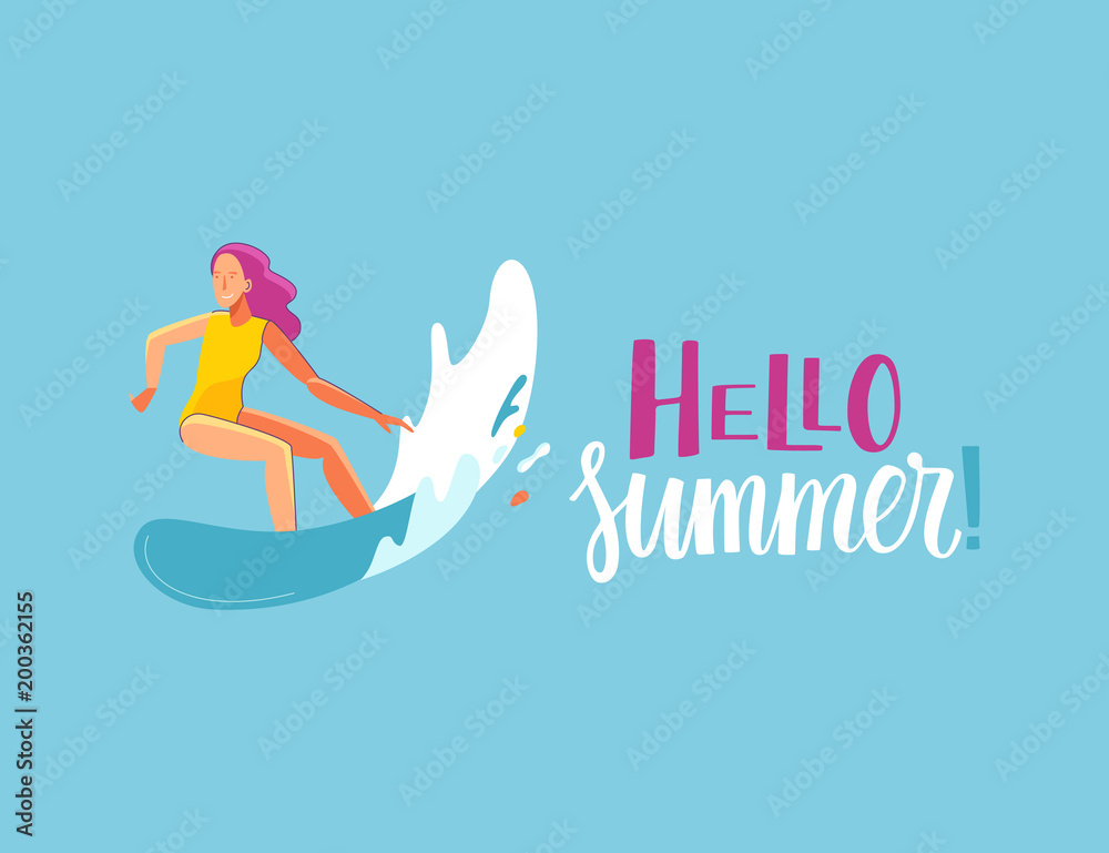 Vector summer illustration in modern trendy flat linear style - happy girl surfing