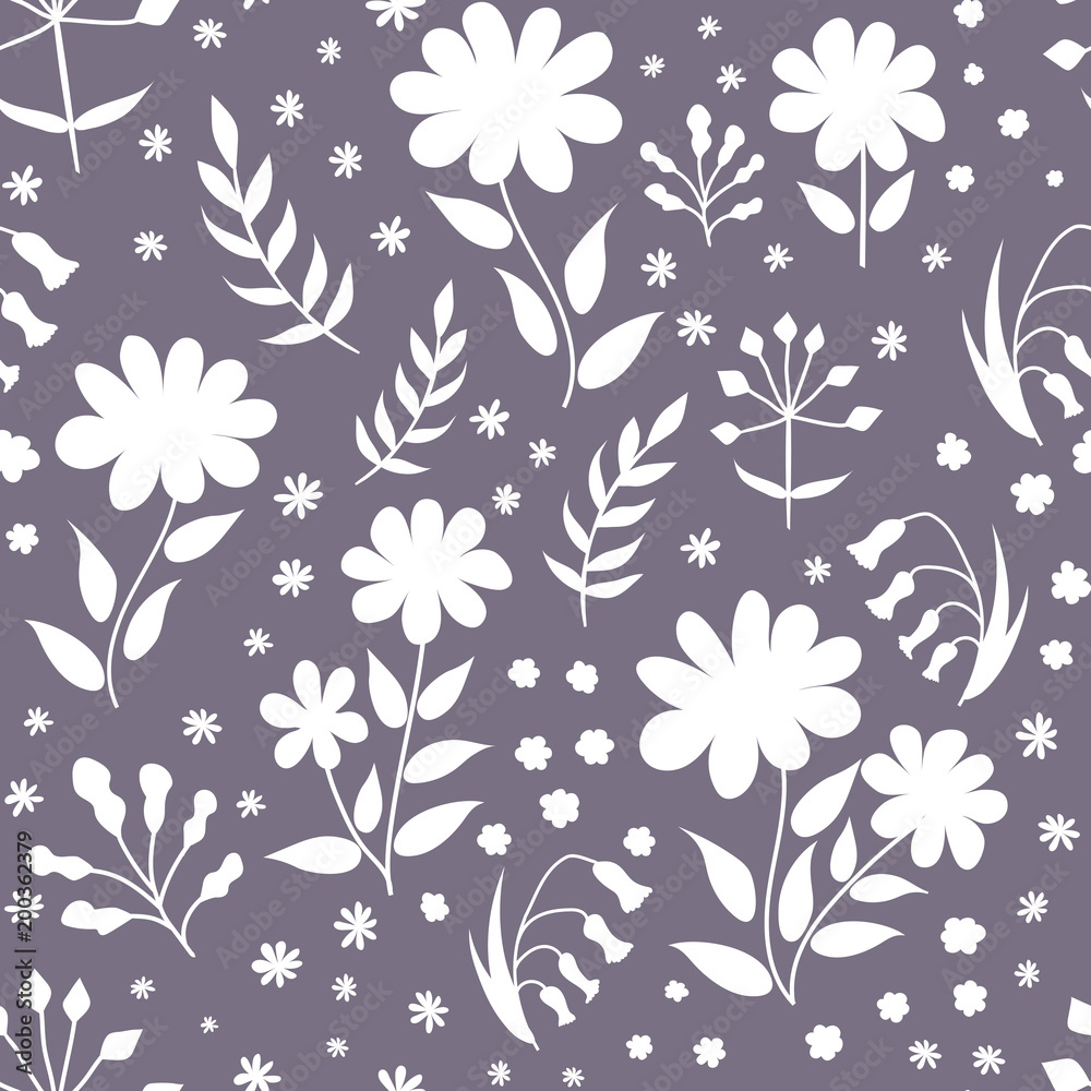 Naklejka Vector floral pattern in doodle style with flowers and leaves. Gentle, spring floral background.Vector set of packaging design templates, seamless patterns and frames with copy space. modern pattern.