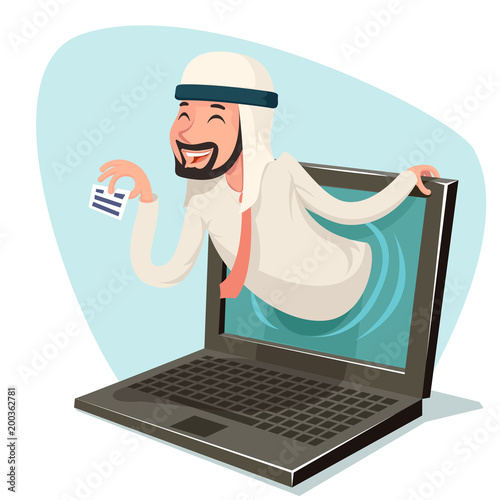 laptop internet arab businessman call card agent online presentation advertisement computer monitor cartoon character design vector illustration