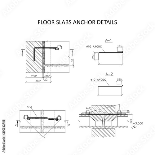 Floor slabs anchor details, construction industry vector 