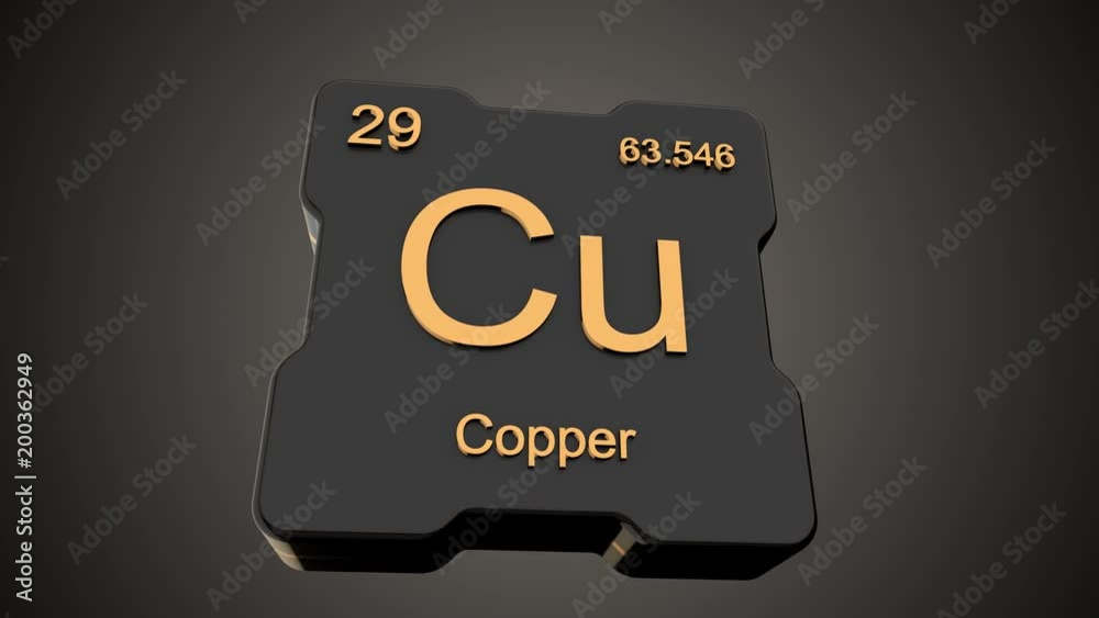 Copper element symbol from periodic table on futuristic black glossy icon animated on dark background and chroma key green screen background